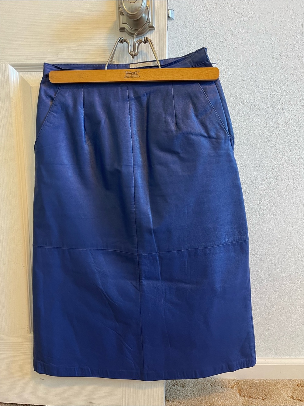 VTG Pia Rucci Blue Genuine Leather A-Line Midi Skirt with Pockets 4